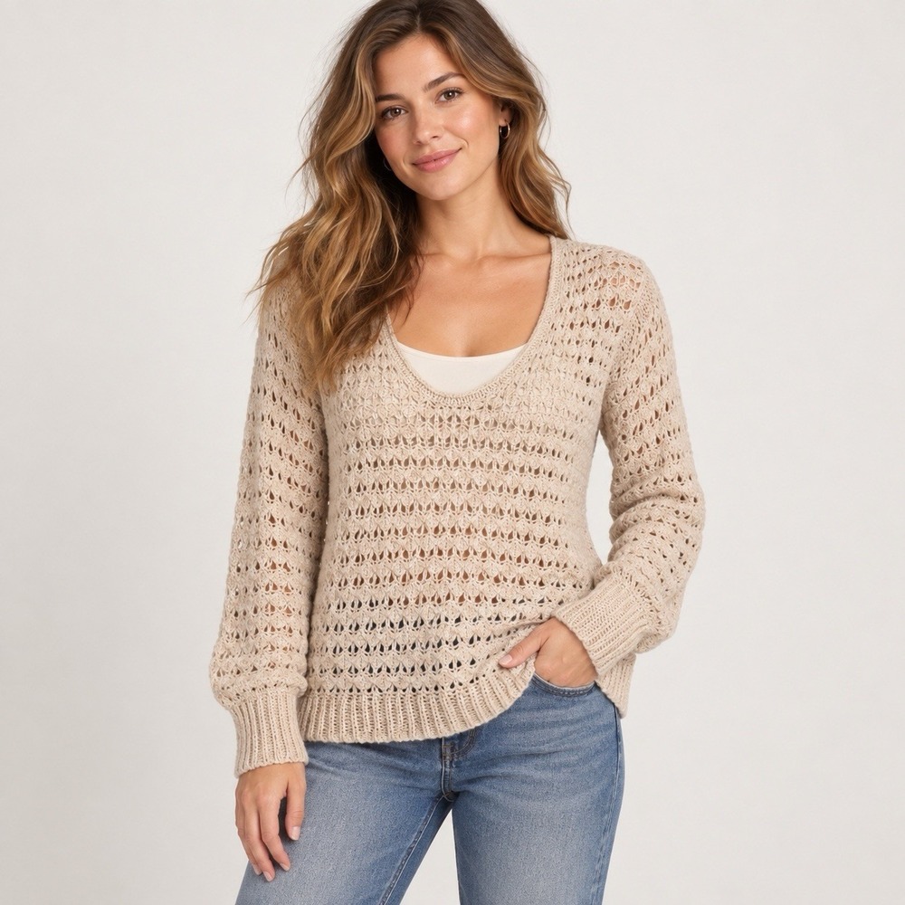 Free People Crashing Waves Scoop Neck Boho Sweater Ivory Wool Blend Chunky Small